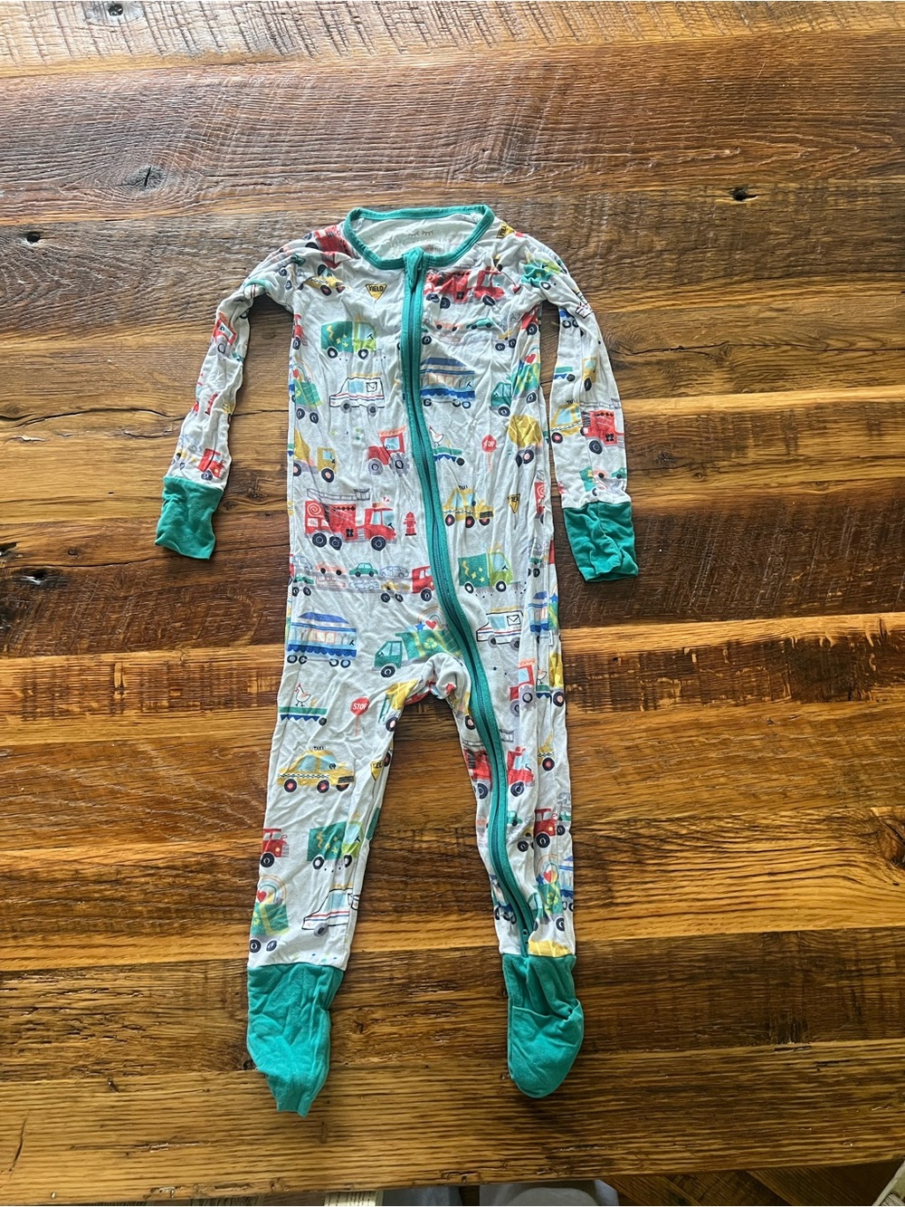 Little Sleepies Gray Pajama Footie with Teal Trim and Vehicle Print
